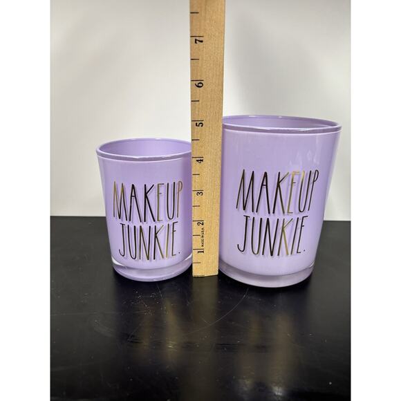 Rae Dunn MAKEUP BRUSHES Purple Glass Containers with Gold Wording • Set of 2 - Picture 6 of 9